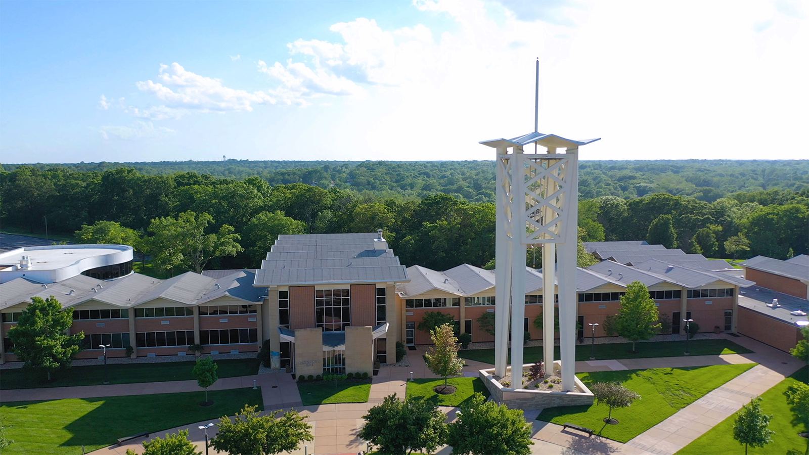 Aerial view of the Logan University campus and bell tower in Chesterfield, Missouri