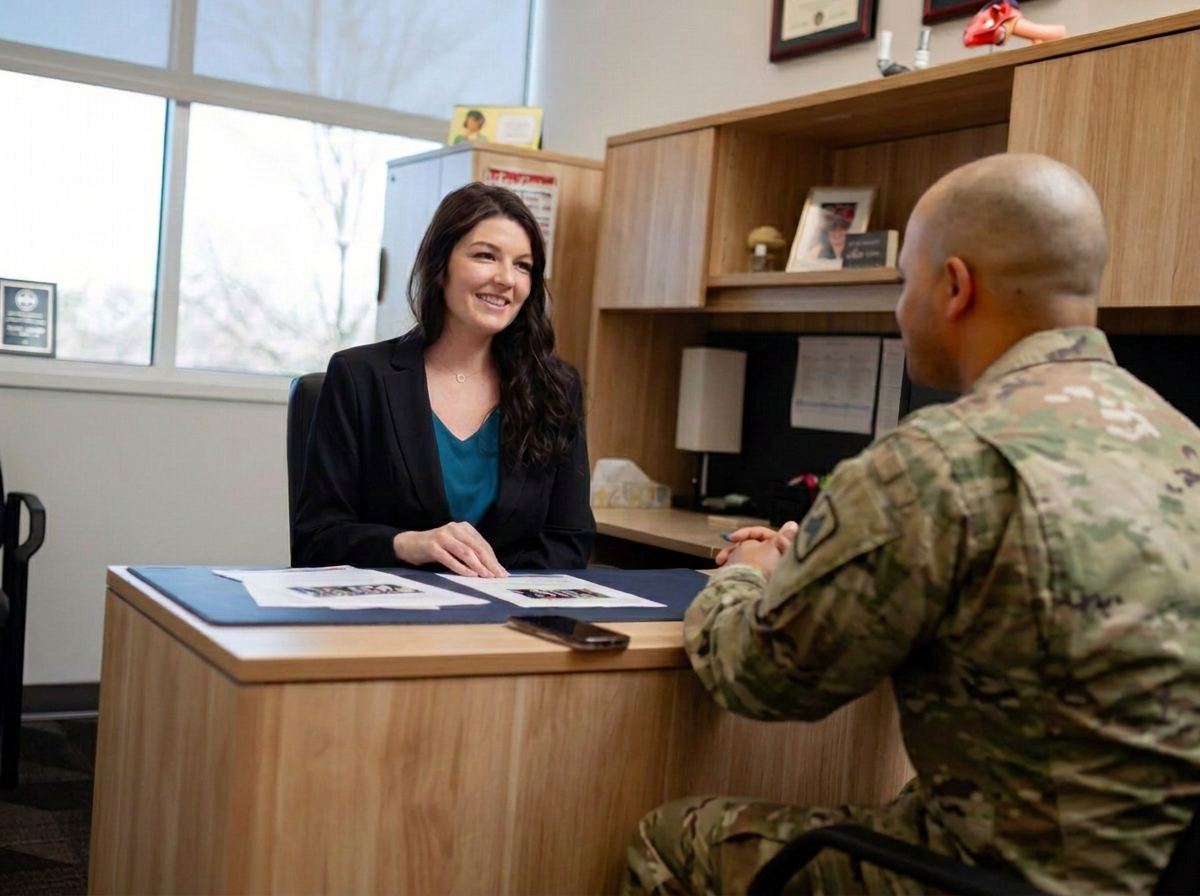 A Logan advisor meeting with a service member in uniform at her office desk