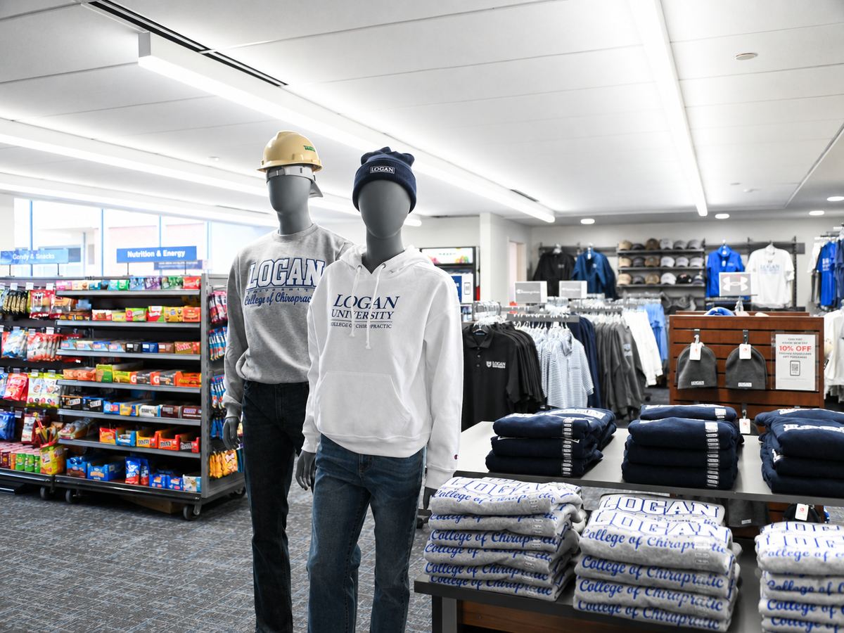 Logan University apparel and snacks on display in the campus bookstore