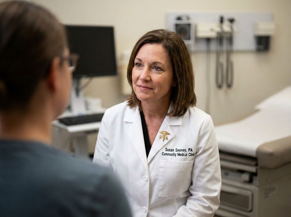 A physician assistant talking with a patient in a clinic exam room