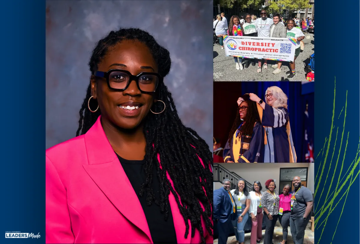 Composite image featuring a professional headshot of Dr. Magen Henry wearing glasses and a bright pink blazer, alongside three photos showing her participating in Atlanta's 2025 Pride Parade with a “Diversey Chiropractic” banner, receiving an academic hood at a graduation ceremony, and posing with a group of colleagues the 2024 National Convention.