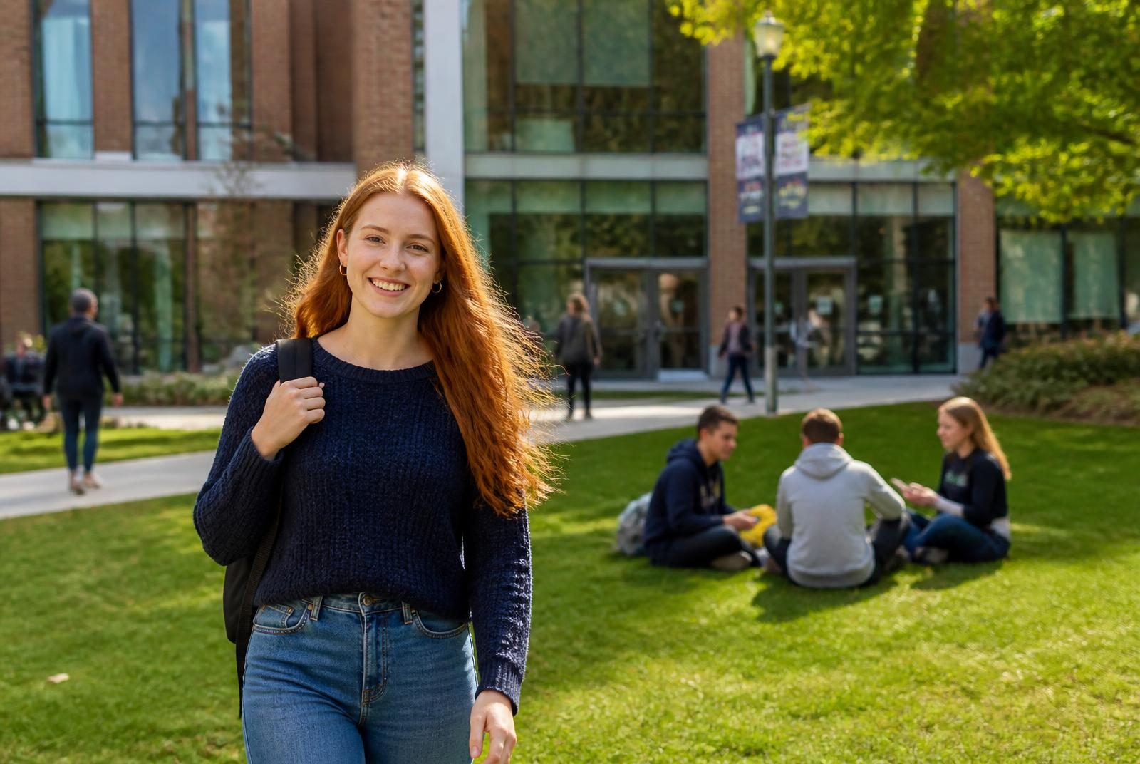 Smiling student with a backpack walking across a sunny campus lawn in front of a modern building.